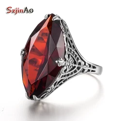 Szjinao Vintage Real 925 Sterling Silver 14*26mm Garnet Gemstone Marquise Ring For Women Wedding Engagement Famous Brand Jewelry