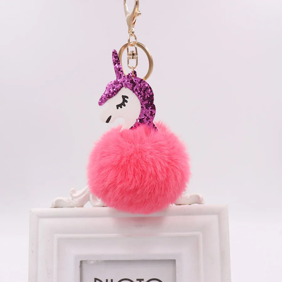 Pom Unicorn Keychain Rabbit Fur Ball Horse Key chain porte clef holder fluffy pompon Bag Car Key Ring For Women Accessories