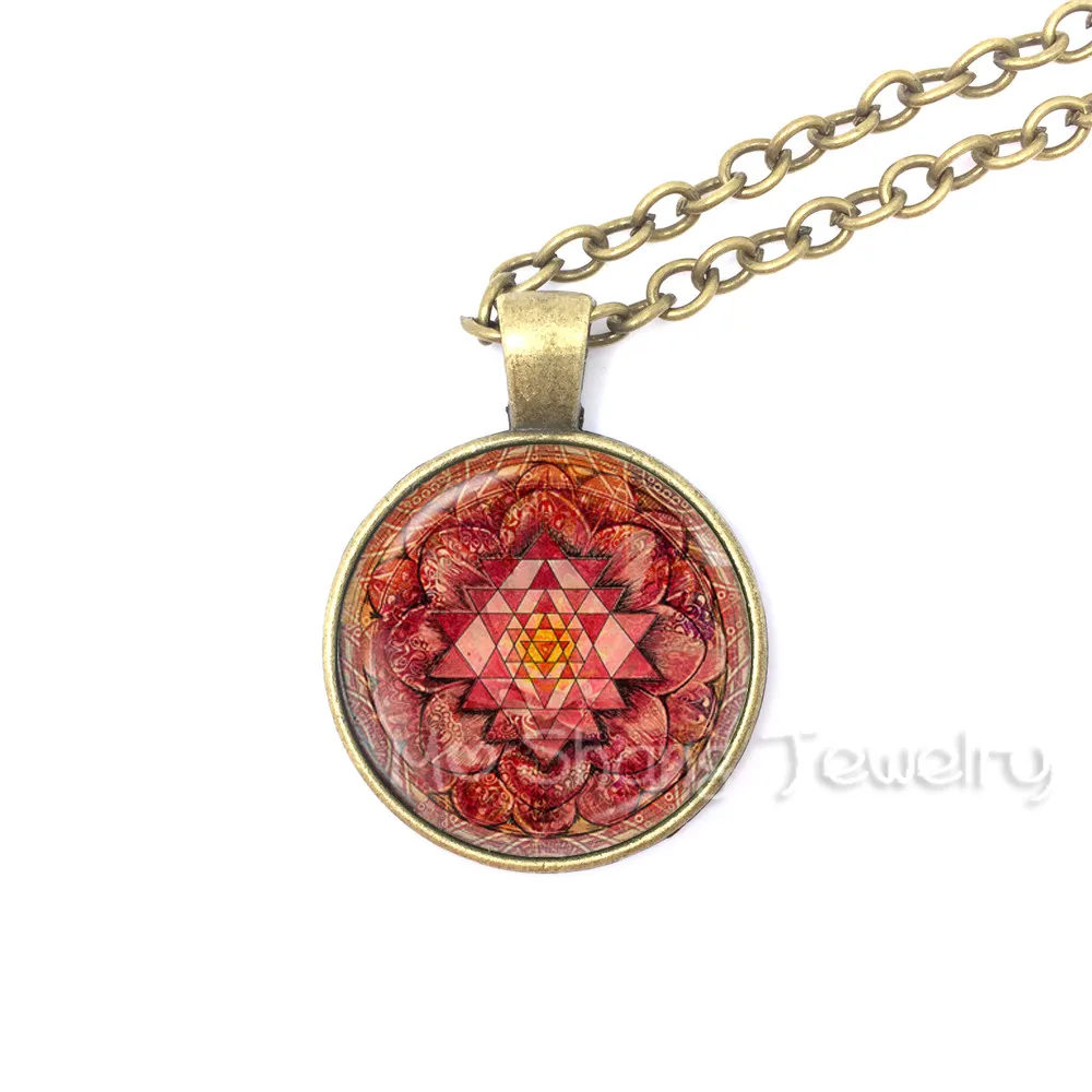 Hinduism Sri Yantra Pendant Red Mandala Lotus Flower Necklace for Women Glass Dome Buddhist Necklace India Jewelry Vintage