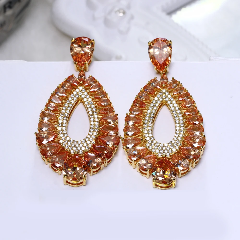 

Big Earrings for Party Pave Teardrop Champagne/White Cubic zircon Brass Metal Luxury Drop Earring Jewelry