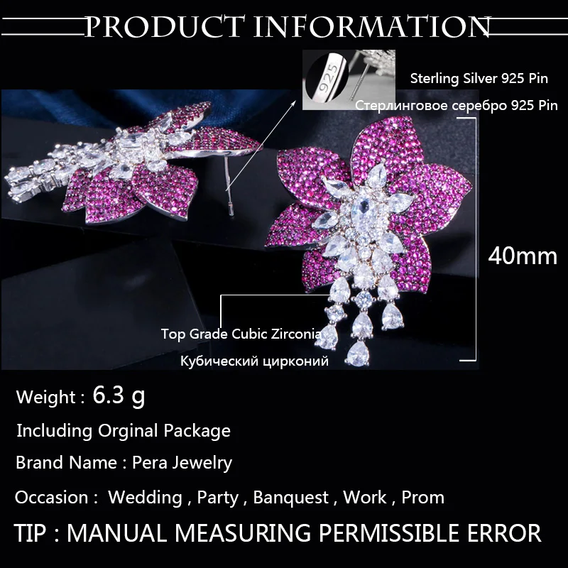 Pera eleganckie kobiety kolor srebrny biżuteria duże geometryczne Rose Red Flower Cubic cyrkon długie kolczyki wiszące dla pań Prom Party E369 — zdjęcie 6