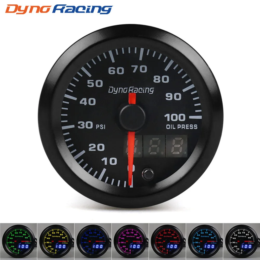 

Манометр масла с двойным дисплеем, 7 цветов, светодиодный 0-100PSI Dynoracing, 2 дюйма, 52 мм, манометр с шаговым двигателем, автомобильный счетчик BX101500