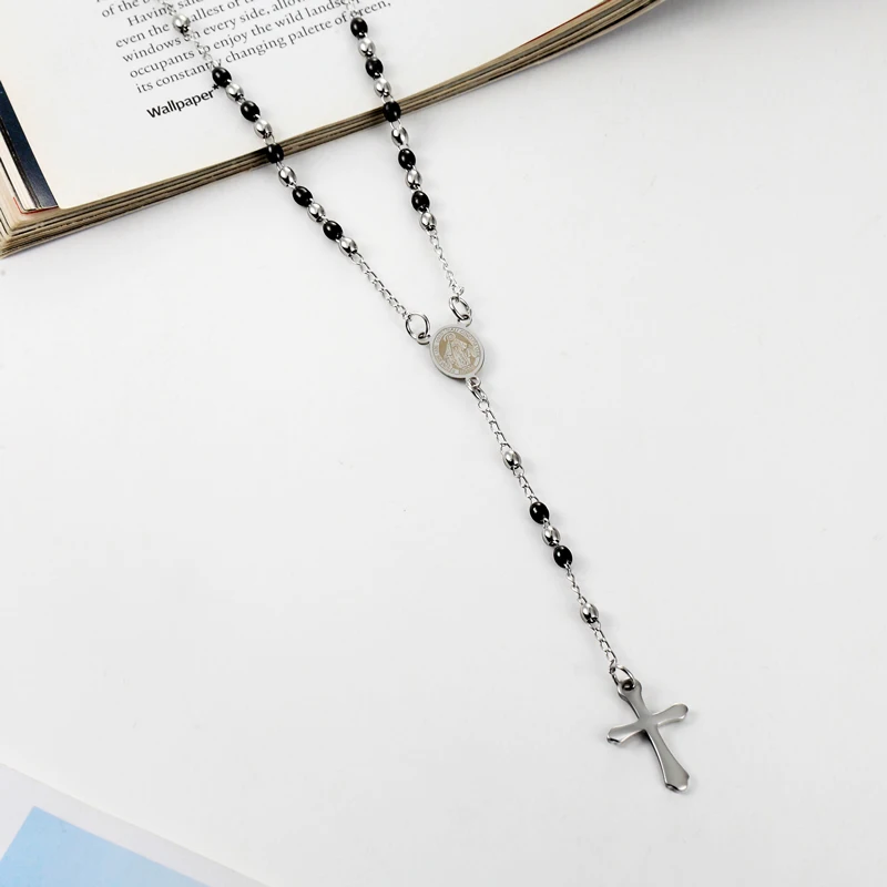 3 mm ovale Perlen-Rosenkranz-Kreuz-Anhänger-Halskette aus Edelstahl, Jesus-Center, christlich-katholischer Religion-Schmuck – Detail 8
