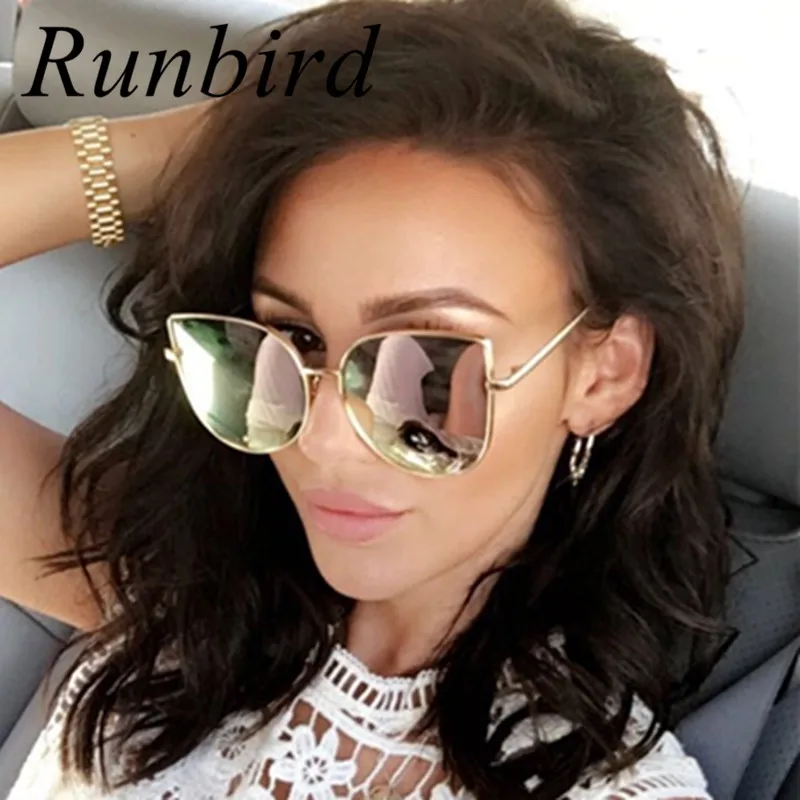 

RunBird Fashion Women Sunglasses Cat Mirror Glasses Metal Cat Eye Sunglasses Women Brand Designer High Quality Square Style R058