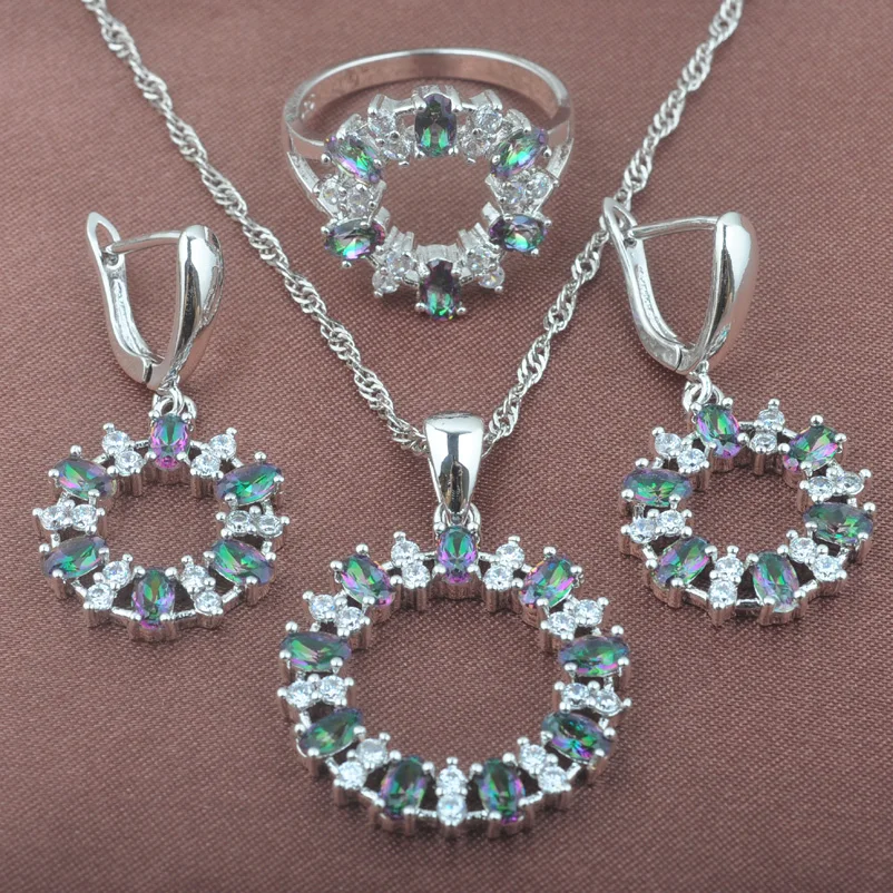 

Vintage Silver Color Jewelry Sets Rainbow Cubic Zirconia Wedding Jewelry For Women Ring Necklace And Earrings Set TZ0417