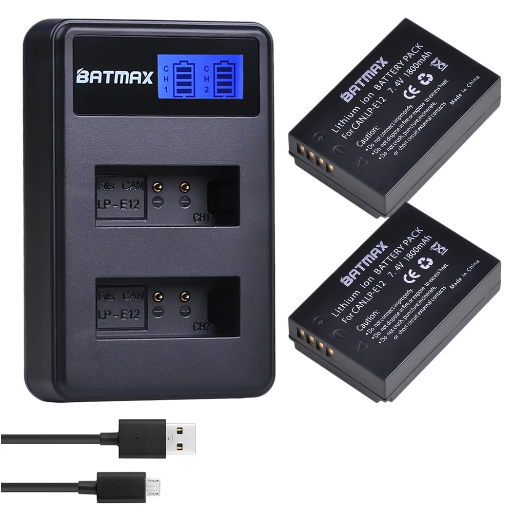 Batmax LP-E12 LPE12 LP E12 Battery +LCD USB Dual Charger for Canon SX70HS 100D Kiss X7 Rebel SL1 EOS M,EOS M10 EOS M50 M100 DSLR