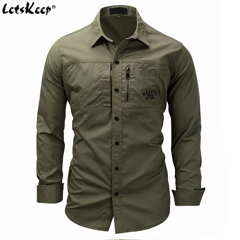 

New LetsKeep army military cotton Shirt Men long sleeves Spring Shirts with pockets Mens Autumn Shirt zipper EU Size 3XL, MA449