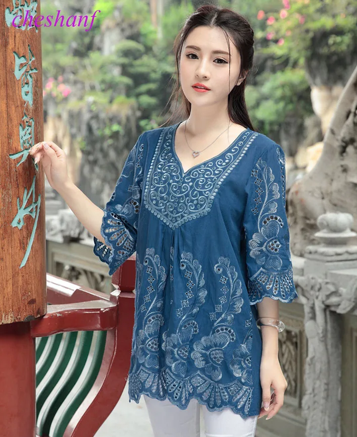 2021 Casual Summer Women Blouses Vintage Embroidery Blouse Loose Floral Boho Tops Womens Clothing Femme Blusa