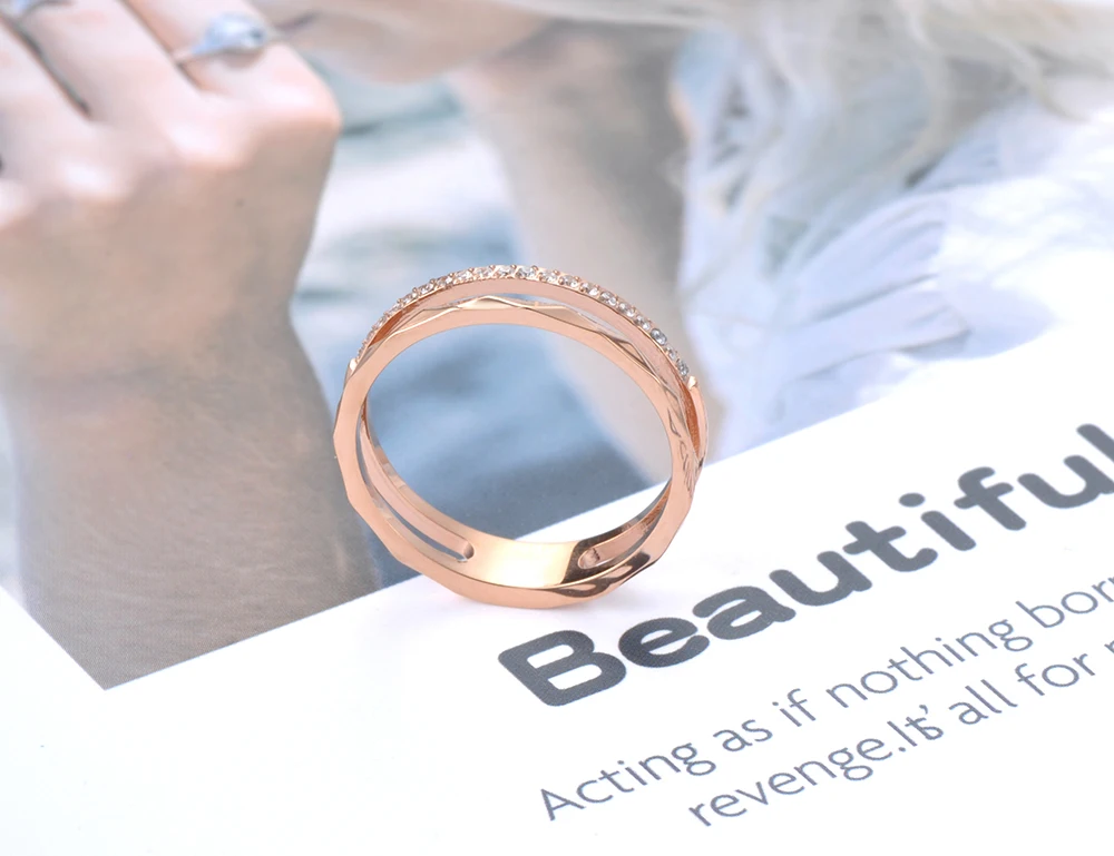 Lokaer Titanium Stainless Steel Cut Face Ring Trendy Mosaic CZ Crystal Rose Gold Color Wedding Rings Jewelry For Women R19063