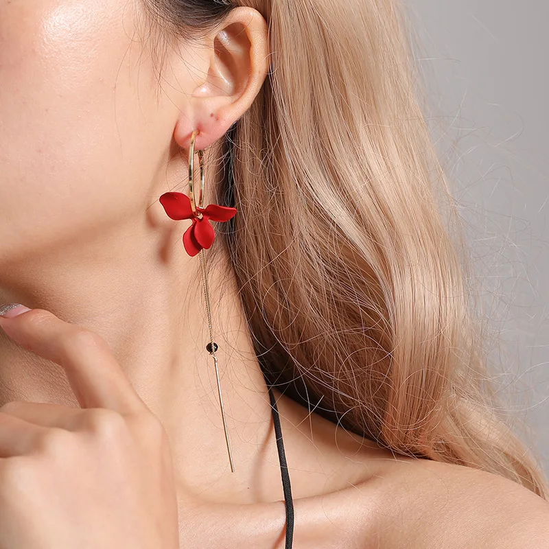 Red Black White Green Flower Golden Hoop Black Crystal Chain Stick Tassel Asymmetrical Drop Earrings Dangle Earrings for Women