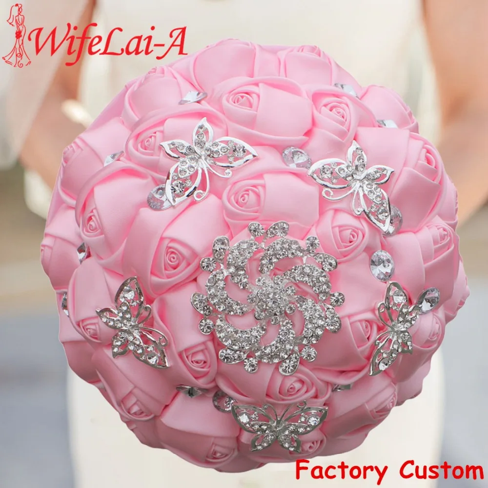 WifeLai-A 1Piece Sweet Pink Rose Butterfly Flowers Diamond Brooch Wedding Bouquets buque de noiva Crystal Wedding Bouquets W292