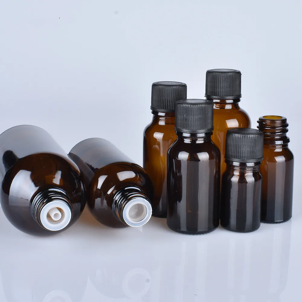 6 adet/grup 100 ml 50 m 30 ml 20 ml 15 ml 10 ml 5 ml 1/3 oz 1 oz Kalın Amber uçucu yağ Cam Şişeler Siyah Kapaklı Cam Kaplar