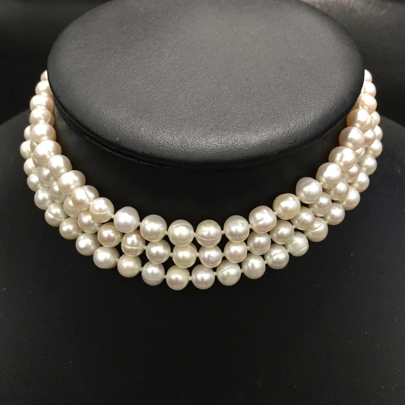 

Classic 7-8MM Natural Fresh water Pearl Chokers Necklace short Necklace 34CM adjustable size near round 3 layers multi layers