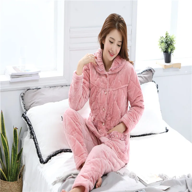 New Winter Thick Warm Women Flannel Clip Cotton Pajamas Set Long Sleeve Floral Comfortable Soft Leisure Female Sleepwear M-XXL