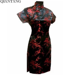 Zwarte chinese stijl korte cheongsam traditionele dames satijn mini qipao jurk vestido kleding plus size S-6XL