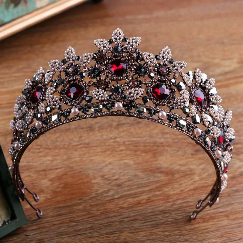 Vintage Baroque Queen King Bride Red Crystal Tiara Crown For Women Headdress Prom Bridal Wedding Hair Jewelry Accessory HQ-59