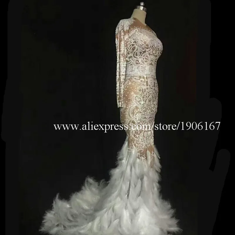 Sexy Lady Stage Performance Nightclub Party Evening Wedding Dress Rhinestone Feather Fishtail Skirt Dance Suit