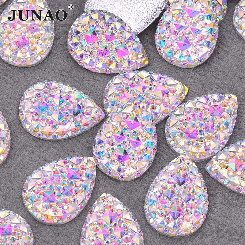 JUNAO 8x13 16x30mm Glitter Large Crystal AB Drop Rhinestone Big Crystal Strass Applique Flatback Resin Gems Non Sewn Stones