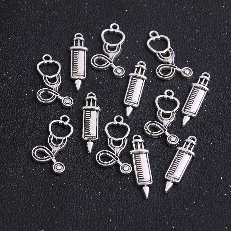 16pcs Two Color Medicine Charms Syringe Charms Pendants Jewelry Making Stethoscope Charms For DIY Handmade Craft