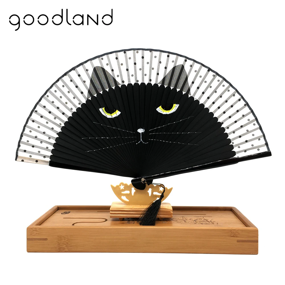 Free Shipping 50pcs 21x38cm Vintage Japanese Bamboo Totoro Silk Hand Fan Cartoon Cat Painted Folding Fan Xmas Christmas Gift