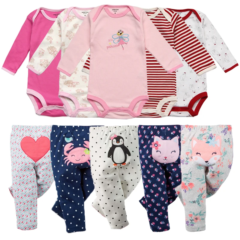 

5sets Newborn Clothes Baby Sets Infant Jumpsuit Long Rompers Long Pants Roupas Infantis Menina Toddler Girls Clothes Pajamas set