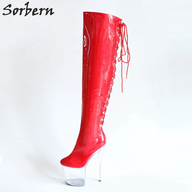 

Sorbern Red Lace Up Over The Knee Boots Super High Heels 20Cm See Through High Heel Platform Boots Women Custom Wide Fit Leg