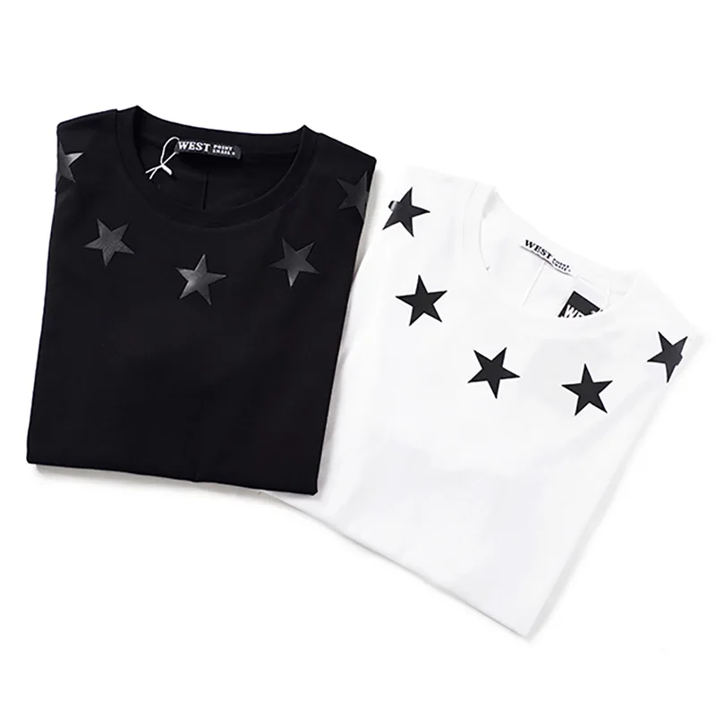 New Novelty 2019 Men Sleeve PU leather stars T Shirts T-Shirt Hip Hop Skateboard Street Cotton T-Shirts Tee Top Kenye #25