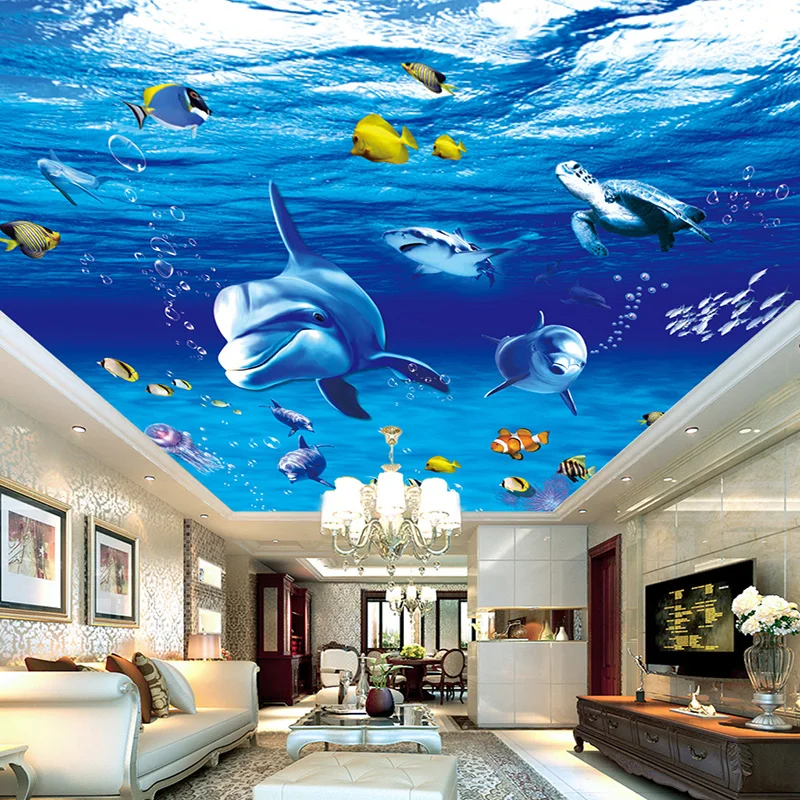 

3D Modern Cartoon Underwater World Dolphin Photo Ceiling Mural Wallpaper Living Room Kids Bedroom Ceiling Papel De Parede Fresco