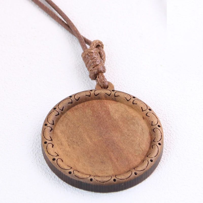 1pcs 25/30mm  Inner Size Wood Cabochon Settings Blank Cameo Pendant Base Trays With Leather Cord For Jewelry Necklace Making