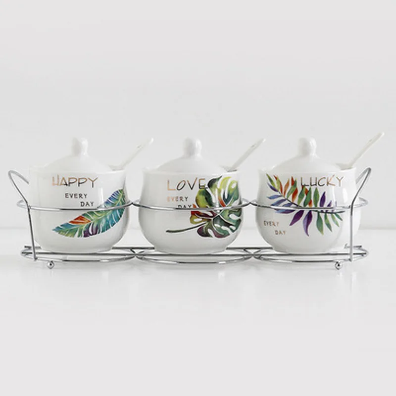 3-in-1 Ceramic Seasoning Jar Set Seasoning Tank Salt Shaker Three-piece Kitchen Utensils Korean Cruet Seasoning Bottle Pepper