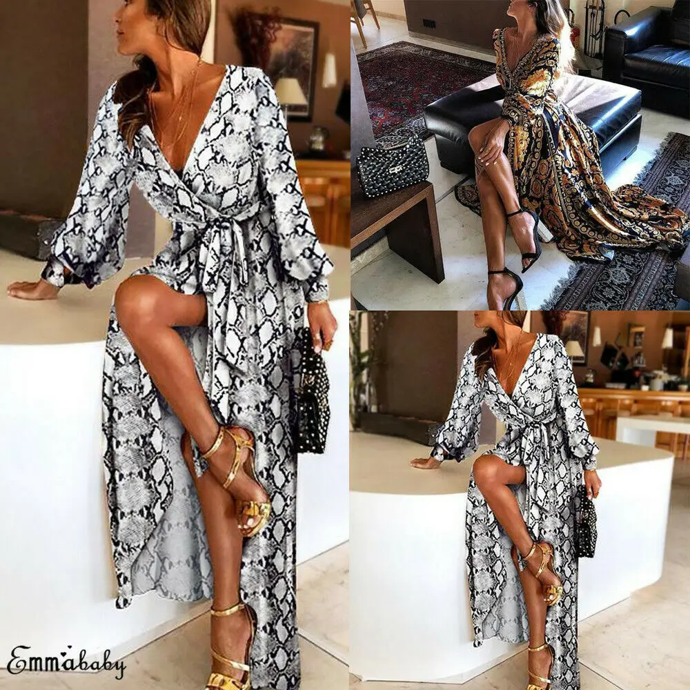 

UK Womens Long Sleeve Leopard Split Sundress Lady Summer Holiday Long Maxi Dress