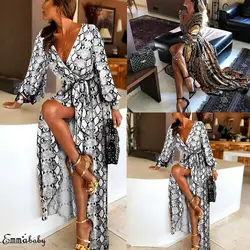 UK Womens Long Sleeve Leopard Split Sundress Lady Summer Holiday Long Maxi Dress