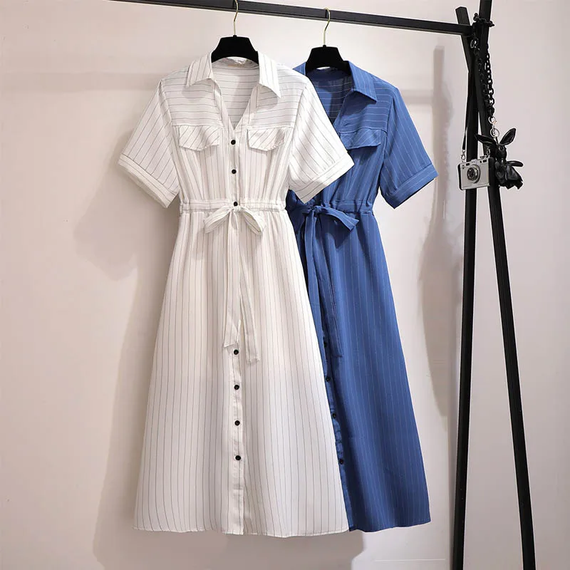 150Kg Plus Size Women's Bust 149 Summer Loose Long Lapel Tie Striped Shirt Dress White Blue 5XL 6XL 7XL 8XL 9XL