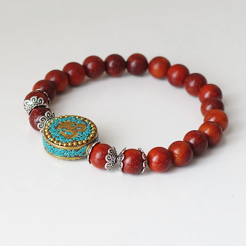 Red Wood Beads Strand Charm Chakra Mala Bracelet Lucky Prayer Tibetan Buddhist Scripture OM Mala Bracelet for Women Men