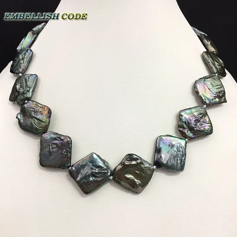 

2018 new kind baroque pearl choker statement necklace black few green color flat block shape natural freshwater pearls women