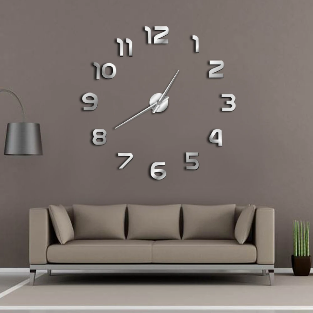 DIY Large Silent Wall Clock Simple Modern Design DIY 3D Mirror Effect Large Arabia Numerals Sticker Clock Watch Home Decor