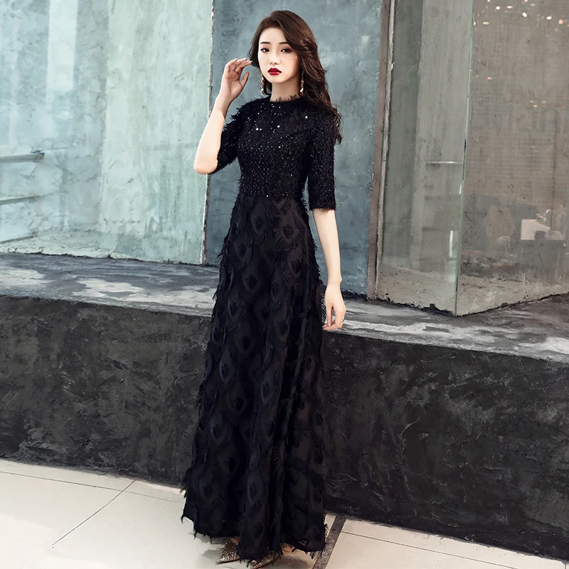Customized New Evening Dresses The Bride Elegant Banquet Black Half Sleeves Lace Floor-length Long Prom Party Gowns WY1342