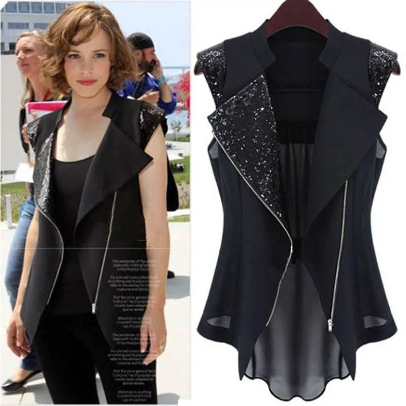 

Autumn New European And American Fashion Sequins Decorated Wild Slim Turndown Collar Zipper Vest Punk Wind Black Waistcoat