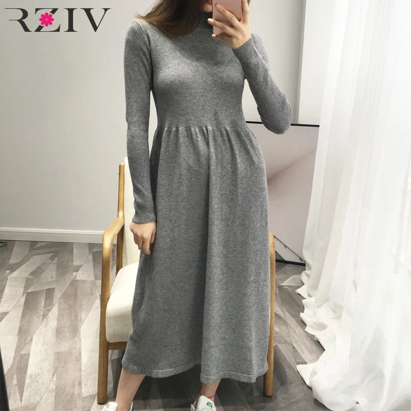 RZIV-vestido suéter de Invierno para mujer, ropa informal de punto de manga larga de cuello alto, color sólido, para uso diario