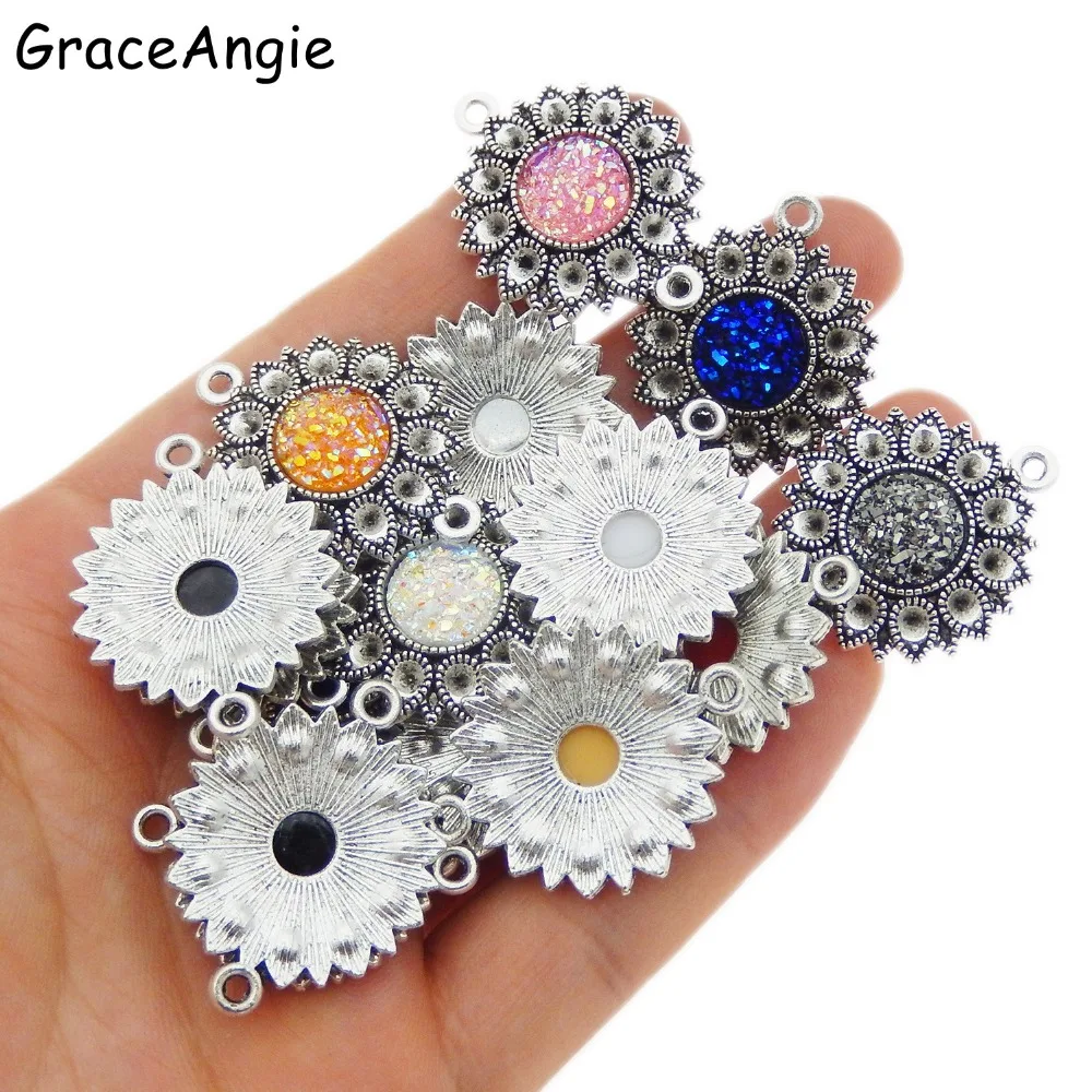 GraceAngie 10pcs Multi Alloy Rhinestone pendant Shiny Flower Charm Round Mixed for Finding Accessory jewelry making Necklace