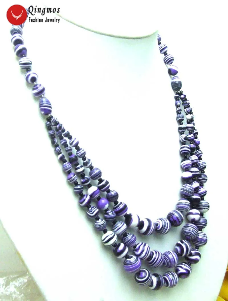 Qingmos 3 Strings Purple Zebra Stripe Agates Chokers Necklace for Women with 4-12mm Round Stone Necklace Jewelry 20-22