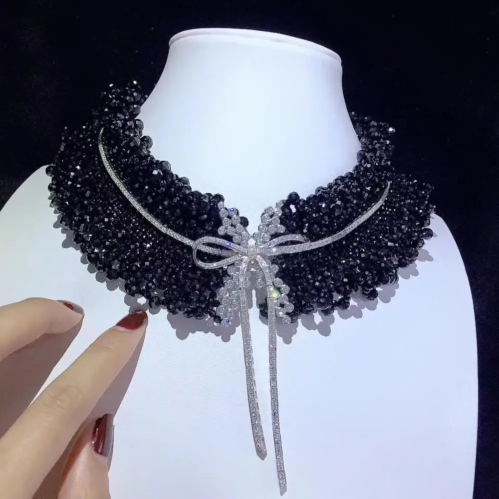 

natural semi-precious stone spinel necklace black color 925 sterling silver bowknot fine women jewelry for wedding & party 42CM