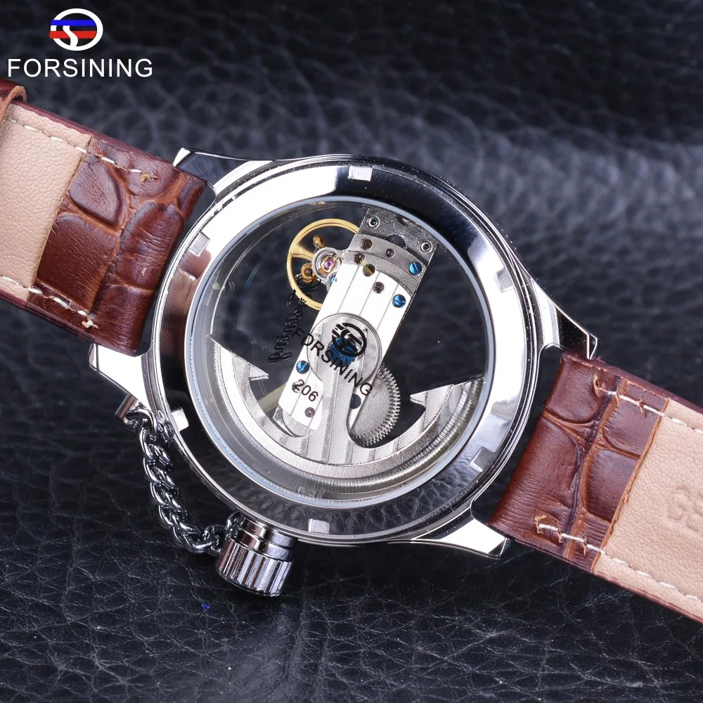 Forsining-Reloj de pulsera automático para hombre, accesorio masculino con correa de cuero marrón y bisel dorado y rosa, totalmente transparente, de