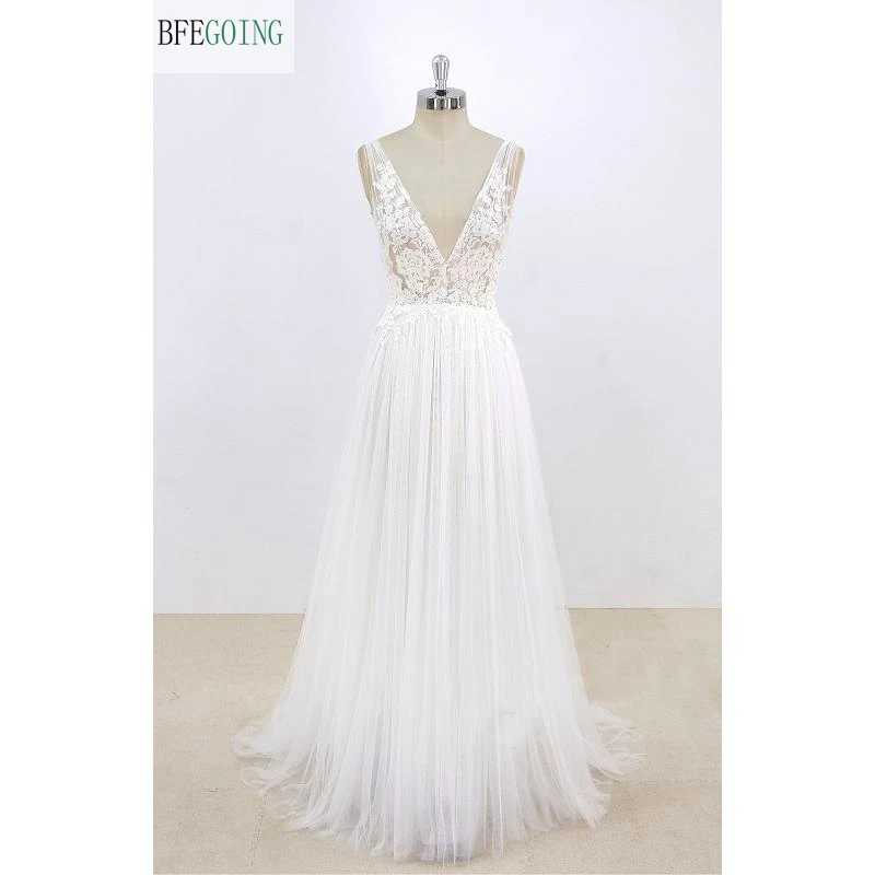 Appliques di pizzo di Tulle bianco scollo a v lunghezza del pavimento abiti da sposa a trapezio Sweep /Brush Train abito da sposa su misura