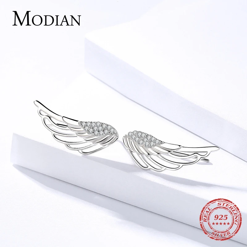 Modianจริง 100% 925 เงินสเตอร์ลิงปีกClear Zirconต่างหูแฟชั่นผู้หญิงเสน่ห์Tinyเงินสเตอร์ลิงเครื่องประดับ