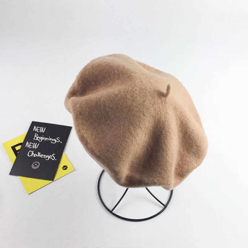 100% wool beret painter cap baked wheat cake cap warm girl High Quality Women Beret Warm Female Bonnet Hats Solid Color Winter