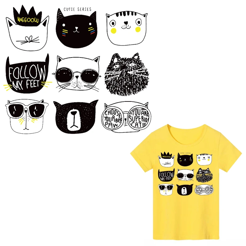 Set of Patch Iron-on Clothes Cute Animal Big Cat Clothing Decor Badges Heat Transfer Stickers Children DIY T-shirt Washable E