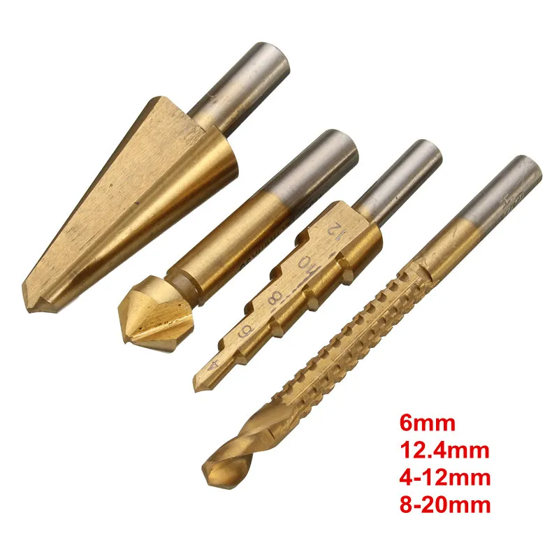 4PCS HSS Titanium Coated Saw Hole Reamer Chamfer Cutter Bit Woodworking Umbrella Drill Bit Step Cone Drilling