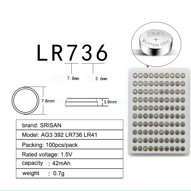 GTF 100PCS/Lot AG3 LR41 SR41W 392 192 GP192A LR736 Button Cell Watch Battery Cell Cion Batteries for flashlights,toys,watches