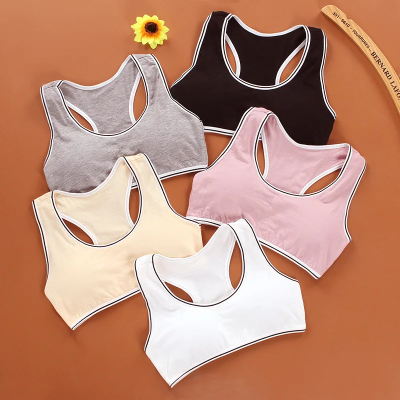 Kids Cotton Sports Training Bra Underwear Solid Color Striped Printed Scoop Neckline Teenage Puberty Girl Wireless Bralette Vest